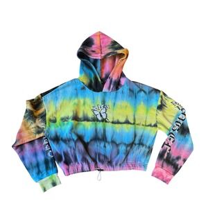Faded Rose Tie Dye Butterfly Cropped Hoodie Sweatshirt Womens L Rainbow Crop Top
